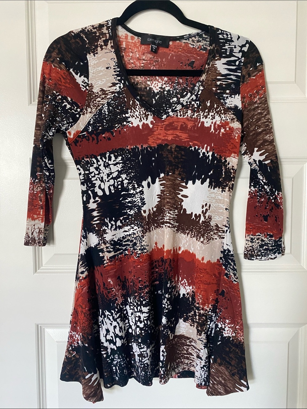 Karen Kane Micromesh Rust, Black & Brown Abstract V-Neck Long Sleeve Top